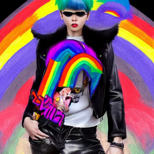 Image similar to wide angle full body, jacket wearing fluffy cute rainbow kitten wearing a black leather motorcycle jacket, cinematic concept art