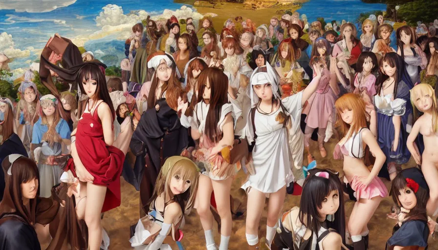 Image similar to jesus christ surrounded by cute anime girls, photorealistic, anime, mini skirt, neko, cat ears, renaissance painting, hyper real, detailed, wide angle shot, ultra detailed