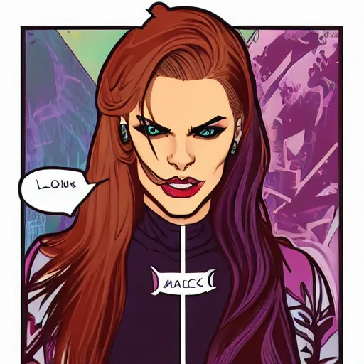 Image similar to Jamie McKelvie comic art, loish, Alphonse Mucha, pretty female Samara Weaving vampire, very sharp vampire fangs teeth, bloody blood on face face, sarcastic smile, symmetrical eyes, symmetrical face, brown leather jacket, jeans, long black hair, full body, bright colors, highly saturated