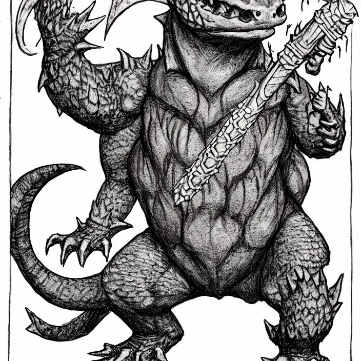 Prompt: charmander as a d & d monster, full body, pen - and - ink illustration, etching, by russ nicholson, david a trampier, larry elmore, 1 9 8 1, hq scan, intricate details, inside stylized border