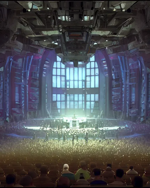 Image similar to scifi movie scene digital matte painting of a crowd in a futuristic church by craig mullins and ghibli, strong contrast, priest, pews, ethereal, inviting, bright, raking light, unreal engine 5, hyper realism, realistic shading, cinematic composition, blender render, octane render, hdr, detailed textures, photorealistic, wide shot