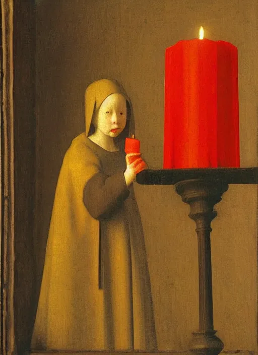 Prompt: red candle, medieval painting by jan van eyck, johannes vermeer, florence