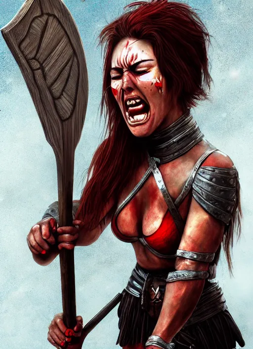 Prompt: woman warrior crying with angry striking her axe, trending on artstation