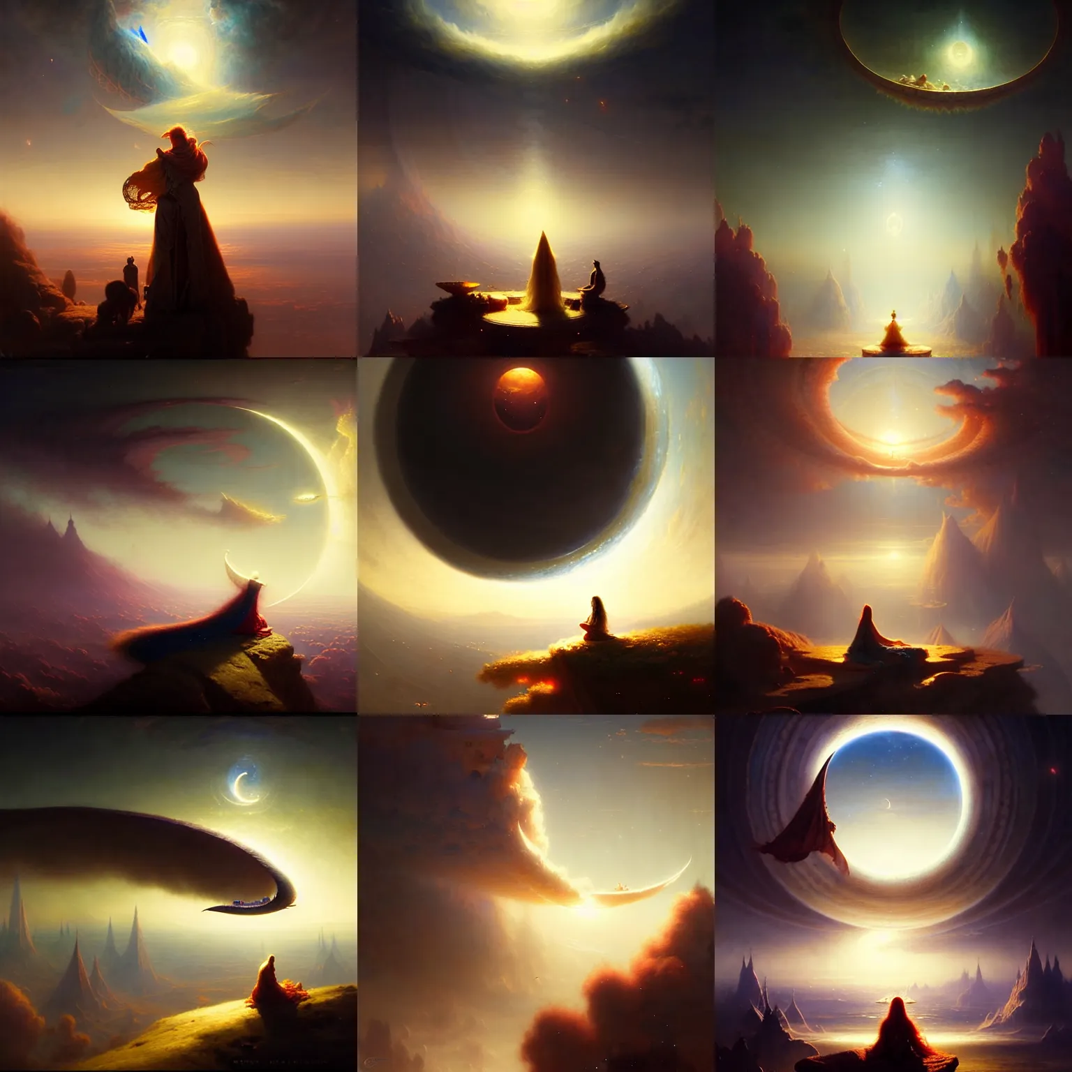 Prompt: surreal crescent in the sky in a magic fluffy persian carpet dimension, by greg rutkowski and gaston bussiere, dim lighting, beautiful volumetric - lighting - style atmosphere, surreal atmosphere, intricate, detailed, photorealistic imagery, trending artstation