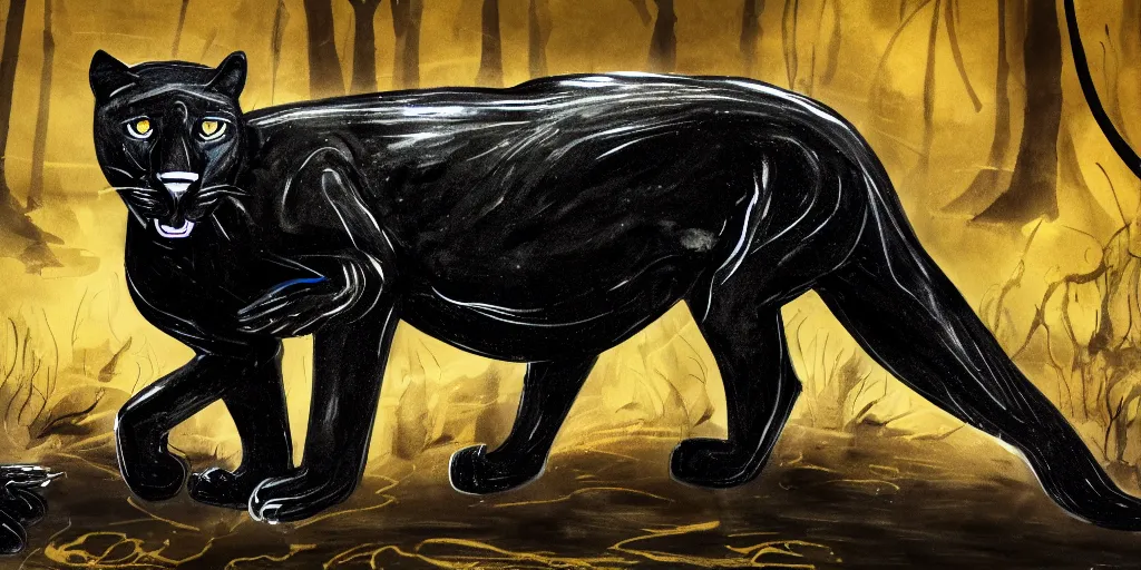 Image similar to a panther, made of smooth black goo, prowling through the forest, viscous, sticky, full of tar, covered with black goo. concept art, painting, animal drawing, color, savanna, wildlife photography, black goo, cinematic, in the style of research drawings