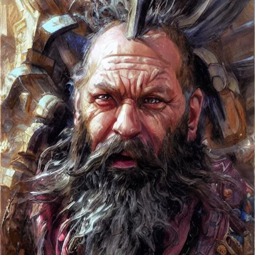 Prompt: a wizard with wooden jewelry, angry, bearded, mediterranean features, fantasy character portrait by Michael Garmash, Donato Giancola