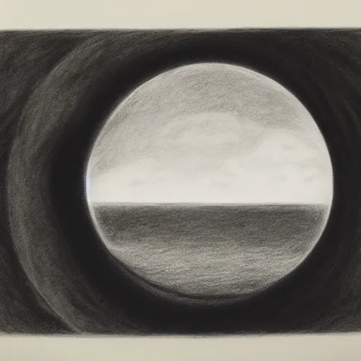 Image similar to a realistic charcoal drawing of a black circular void floating over the ocean in the style of Marco Tirelli, surreal