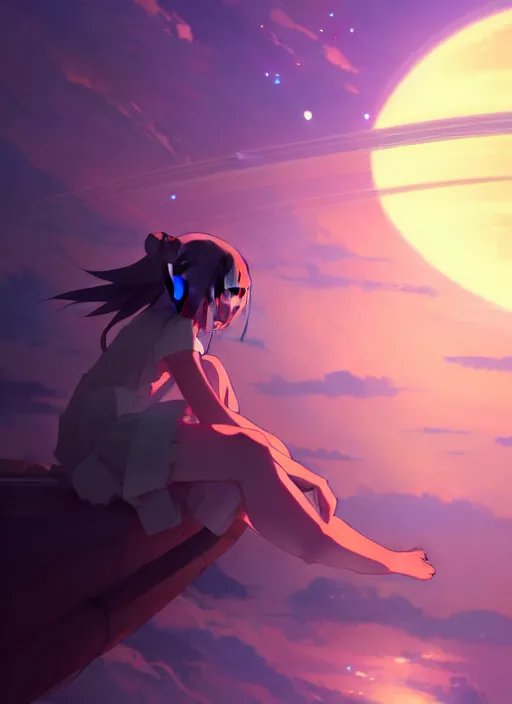 Prompt: anime girl floating against the backdrop of dawn, saturn in the background, illustration, concept art, anime, key visual, trending pixiv fanbox by wlop and greg rutkowski and makoto shinkai and studio ghibli