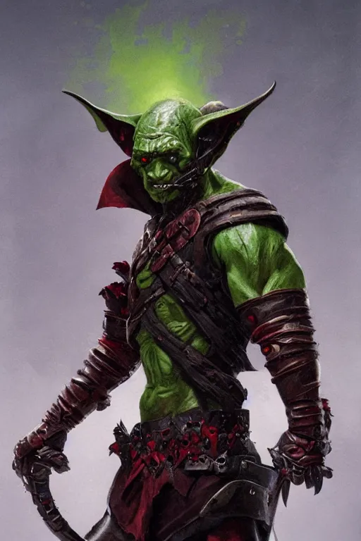 Prompt: A portrait of an evil looking goblin assassin with green skin with solid red eyes in master leather assassin's armor, by WOTC, MTG, Blizzard, Greg Rutkowski, Craig Mullins.