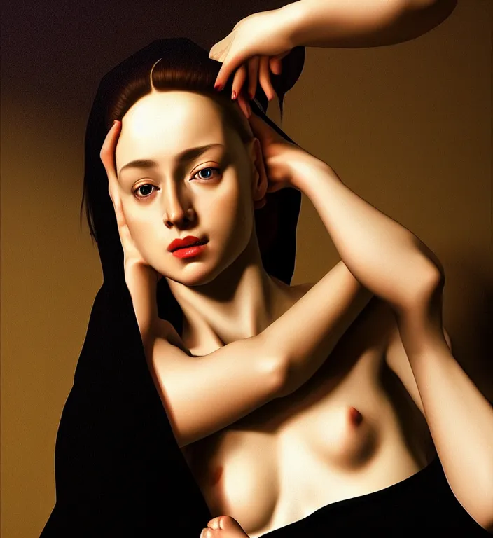 Image similar to hyperrealism photography computer simulation visualisation of parallel universe cgi scene with beautiful highly detailed woman by caravaggio