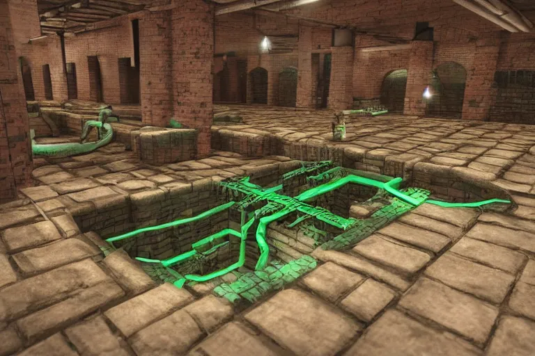 Prompt: an intricate sewers system with gym equipment, a water channel runs through the center, underground, the tunnel walls are made of bricks, interlacing paths, brass pipes on the walls, a slight green glow emanates from the water, warm lighting, stylized PBR materials, Artstation