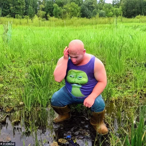 Prompt: shrek really upset and crying lots, with a swamp behind him