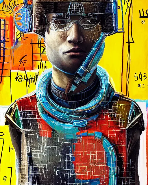 Prompt: a cyberpunk portrait of a roman soldier by jean - michel basquiat, by hayao miyazaki by artgerm, highly detailed, sacred geometry, mathematics, snake, geometry, cyberpunk, vibrant, water