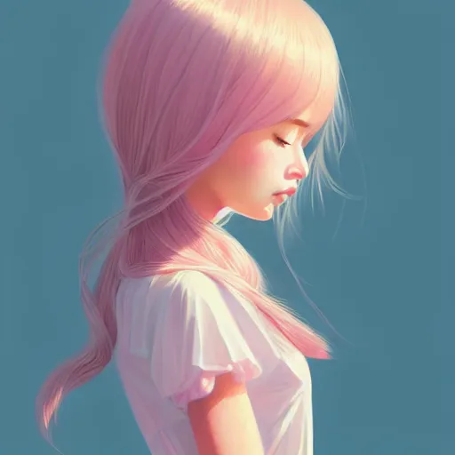 Image similar to young girl in summer dress art, pastel light pink long hair, muted colors, matte print, pastel colors, ornate, digital art, digital painting, fan art, elegant, artstation, head is centered, by Ilya Kuvshinov