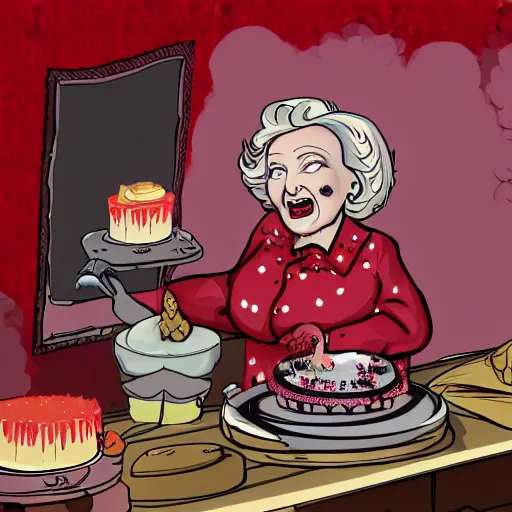 Prompt: betty white baking a cake horror atmospheric red jelly fog eldritch nightmare