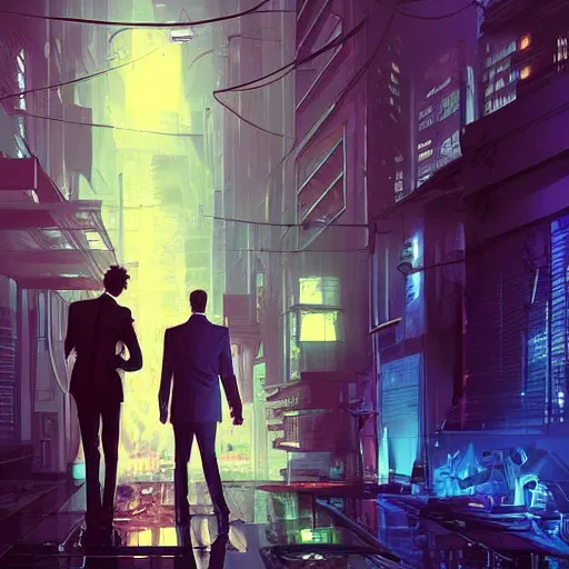 Prompt: two cyberpunk businessmen, detailed digital illustration by greg rutkowski, cyberpunk back alley, nighttime, colorful lighting, android netrunner