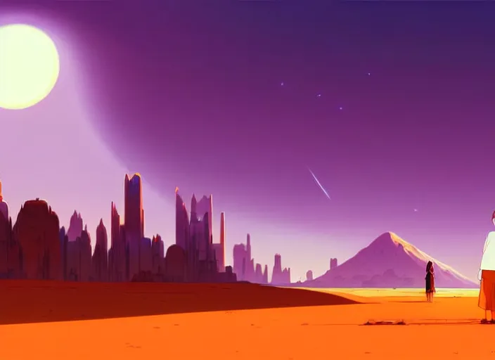 Image similar to cel shading background, science fiction pc game point - and - click adventure, studio ghibli, desert with city in the skyline, two suns, purple orange colors, sharp focus, illustration, highly detailed, digital painting, concept art, matte, art by wlop and artgerm and greg rutkowski, masterpiece