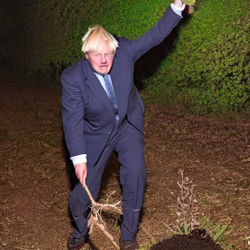 Image similar to Trail Cam footage of Boris Johnson Stealing a small tree sapling at nightime