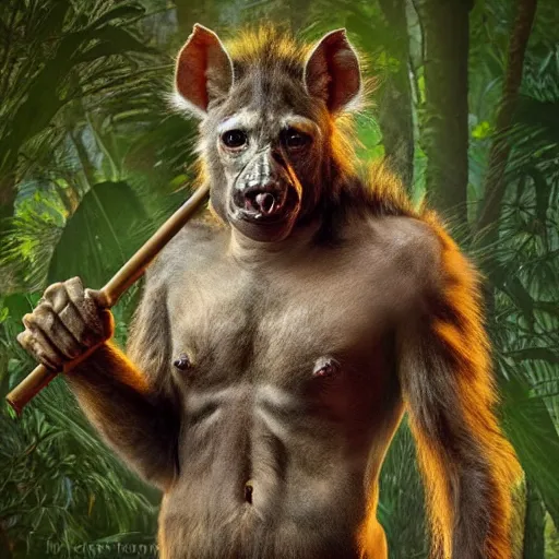 Image similar to “tall Goblin Bigfoot human hyena hybrid with a hyena face and mange holding a spear, jungle background, sickly, orange fur, realistic, nature photography”