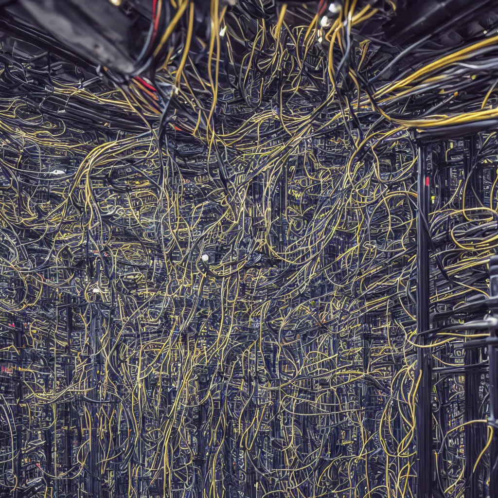 Prompt: a 3 5 mm wide shot photograph of the interior of dystopian server racks with cables everywhere, 8 k, glowing, atmospheric, cinematic, bokeh, highly detailed, futuristic, wet.