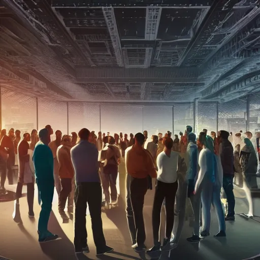 Prompt: large group people in a huge warehouse, looking at hologram of futuristic city on a table | cinematic concept art | sunlight godrays | 4 k | clear details | tabletop model | tabletop model | hologram foreground