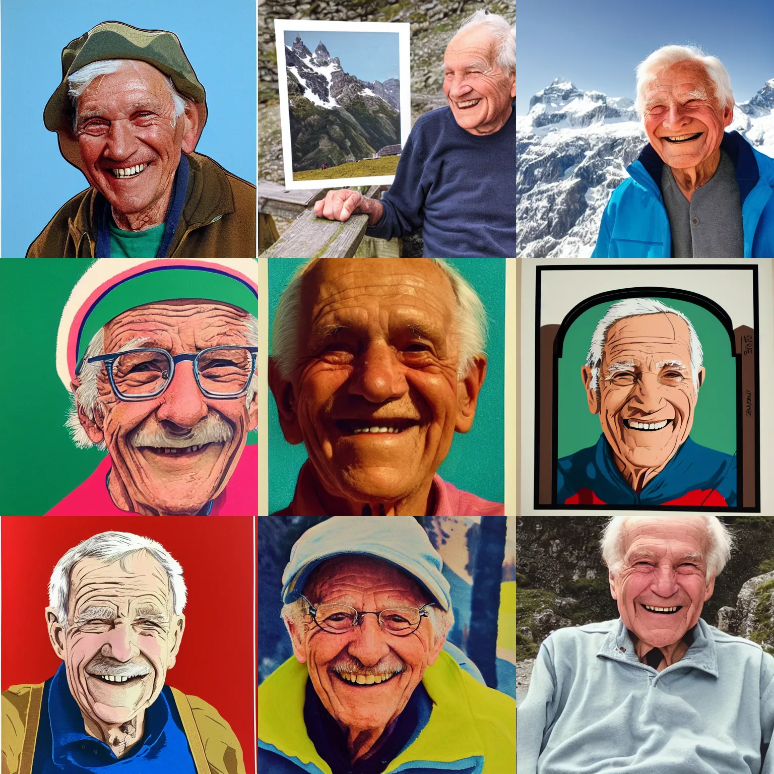 Prompt: color screenprint!!! of a smiling friendly elderly man, ((portrait)), in the Swiss Alps