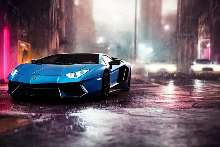 Prompt: a cinematic photograph of a lamborghini aventador driving through a dystopian city street whilst neon lightening strikes on the car, rain falls, ultra realistic, high definition