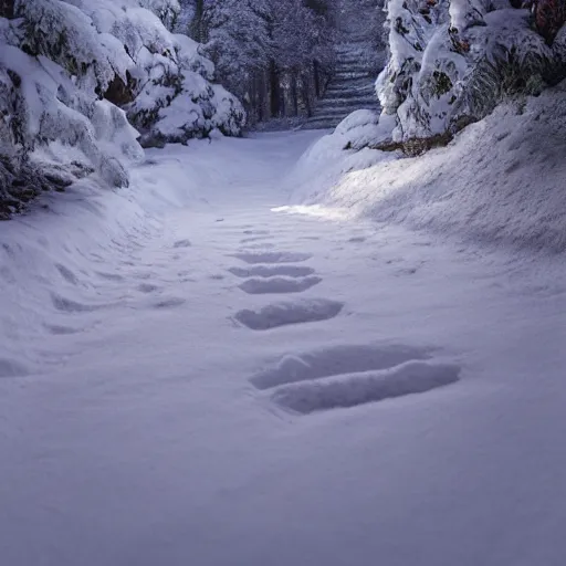 Image similar to a snow dragon on a path in a snowy montain. modern ultra realistic graphics and ray - tracing, atmosphere, octane render, depth of field, unreal engine 5, full of color, ultra high detail, ultra realistic, 8 k