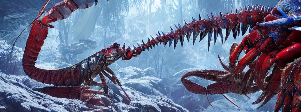 Prompt: large sabretooth lobster with shiny blue fish scales skin and silver electric claws, walking in a dense alien snow covered frosty jungle, with snow covered colourful red, blue and purple plants, large vines, snow covered arched organic rock structures, in the style of monster hunter world, like concept art on artstation, hyperdetailed, vray render, octane render,