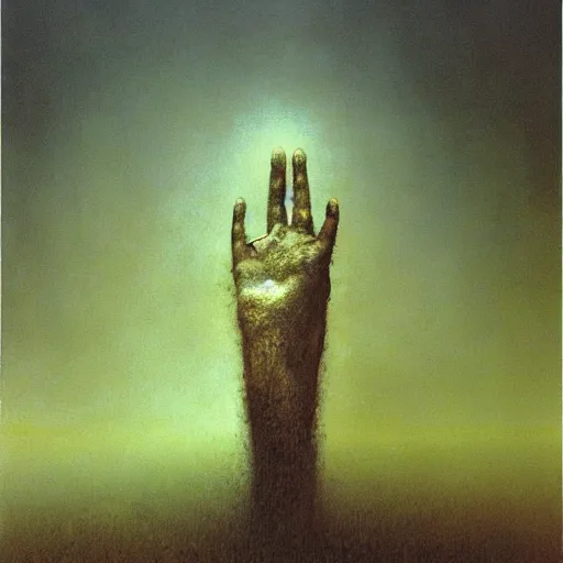 Prompt: one hand reaching out of thick fog, psychedelic, zdzislaw beksinski