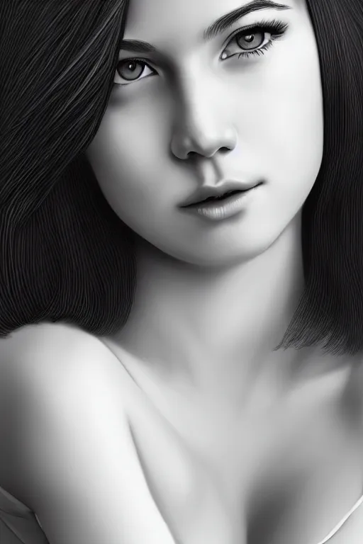 Image similar to full body portrait of a beautiful young woman in black and white, photorealistic, hair down to waist, sharp focus, in the style of Kevin Kostic, Stephen Lau and artgerm, hyper sharp focus, 8k highly detailed