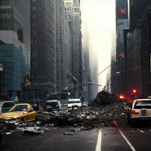 Image similar to death and destruction in New York city, movie still, moody, 4k