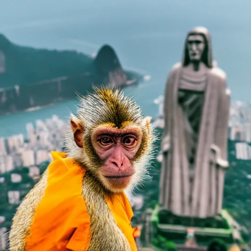 Image similar to high quality portrait of a monkey in front of Christ The Redeemer, studio photograph, photograph, realistic photo, 8k photo, 4k photo, stock photo, high resolution, cinematic shot, high detail