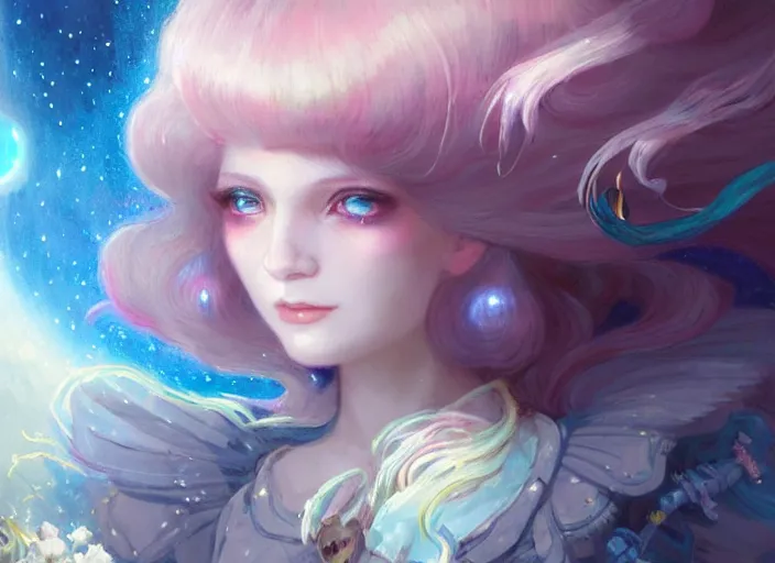 Image similar to close up picture of an maximalist dress magical girl, neat hair with bangs, slightly smiling, extremely beautiful and aesthetic and detailed cute face and eyes, wipe out evils with cute astronaut familiar sprites, aming the magical beams, chiaroscuro, intricate, masterpiece, fantasy illustrations by peter mohrbacher and anato finnstark and jeremy lipking