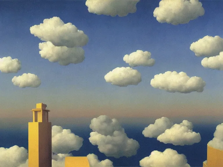Prompt: room with clouds wallpaper, painting by rene magritte, centered, high detail, high resolution