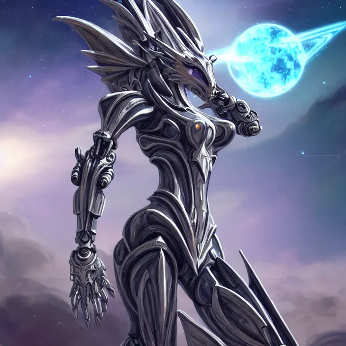 Image similar to goddess shot, galactic sized stunning beautiful anthropomorphic robot mecha female dragon, in space, larger than planets, posing elegantly, the earth a mere marble in her claws, detailed silver armor, epic proportions, epic scale, detailed digital art, ultra detailed, furry art, macro art, dragon art, giantess, warframe fanart, furaffinity, deviantart, realistic