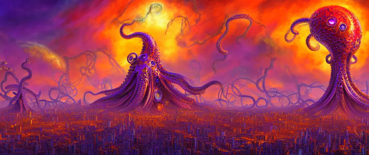 Image similar to hyper-ornate bio-morphic sky city built on giant orange and purple cyborg octopus puffy clouds matte painting concept art alex grey salvador dali cinematic soft glow lighting high angle hd 8k sharp shallow depth of field