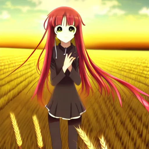 Prompt: anime illustration of Holo from Spice and Wolf standing in a wheat field at sunset, Holo is a wolf girl, high detail, trending on pixiv