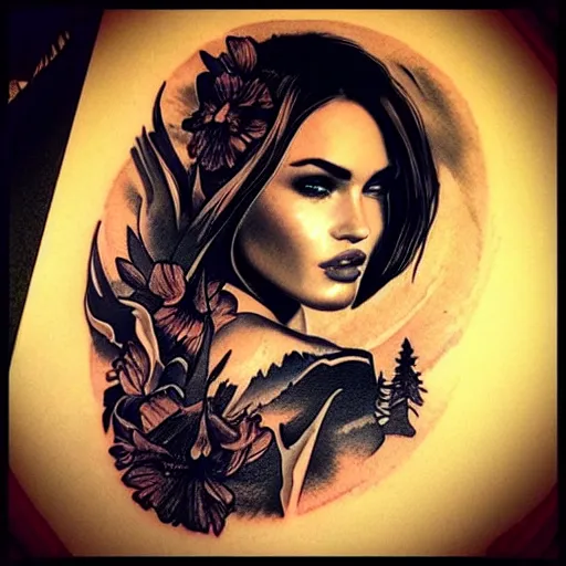 Image similar to tattoo design sketch with double exposure effect, megan fox face faded with beautiful mountain scenery, in the style of matteo pasqualin, amazing detail, pinterest tattoo