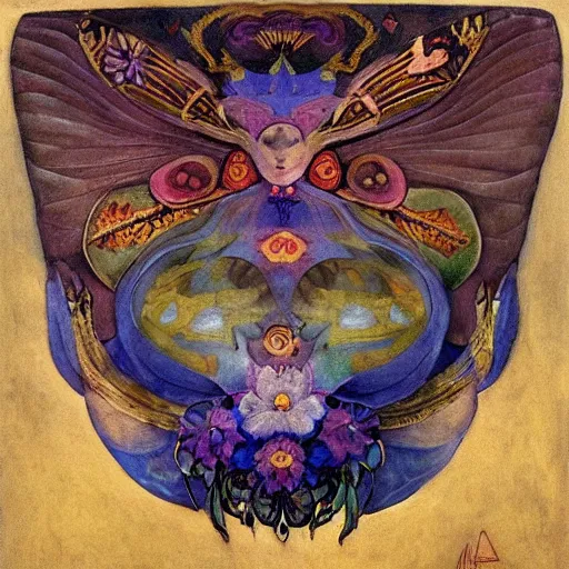 Image similar to the moth crown, by Annie Swynnerton and Nicholas Roerich and Diego Rivera, bioluminescent skin, floral tattoos, wings made out of flowers, elaborate costume, geometric ornament, symbolist, smooth, sharp focus, extremely detailed