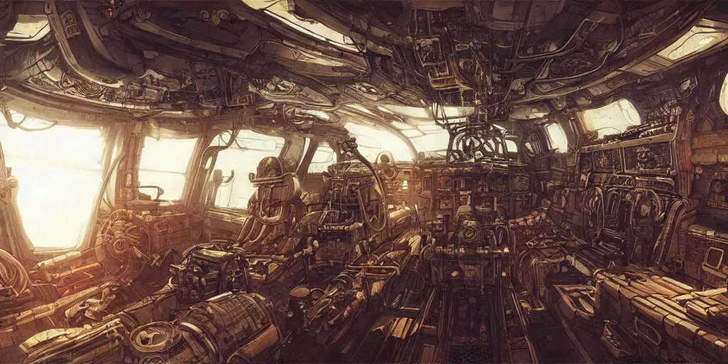 Image similar to steampunk spaceship interior, kim jung gi style, Greg Rutkowski, Zabrocki, Karlkka, Jayison Devadas, trending on Artstation, 8K, ultra wide angle, zenith view, pincushion lens effect