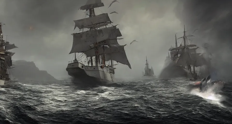 Image similar to battleship as tall as a mountain with huge sails, raging sea foggy, dramatic, action scene, stormy background, shipfleet on the horizon, high detail, unreal engine, octane render, 8 k high definition, photorealistic