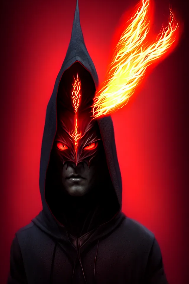 Prompt: a striking portrait of a pitch black hooded male figure with jagged horns and flaming red eyes by moebius and ross tran and artgerm, trending on artstation, digital art, 4 k resolution, detailed, high quality, sharp focus, hq artwork, insane detail, volumetric lighting, character concept art, fine details, clear face
