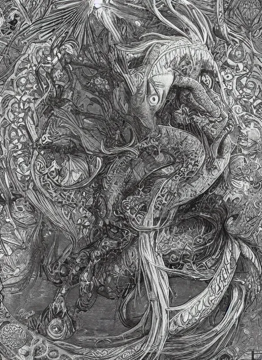 Prompt: highly detailed picture of great dragon, sketch, manga, edge of the universe, perfectly face, highly detailed, masterpiece, trending on artstation, golden ratio, cinematic romantic magical, perfect intricate highly detailed painting by gustave dore, by mucha alphonse, digital art