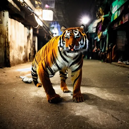 Image similar to photograph of a tiger smoking a joint in the streets of Dhaka at night