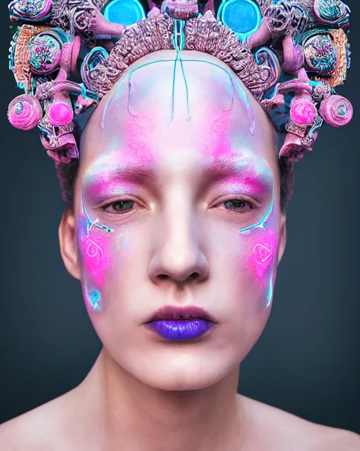 Image similar to natural light, soft focus portrait of a android with soft synthetic pink skin, blue bioluminescent plastics, smooth shiny metal, elaborate ornate head piece, piercings, face tattoo and scars, skin textures, by annie liebovotz, paul lehr,