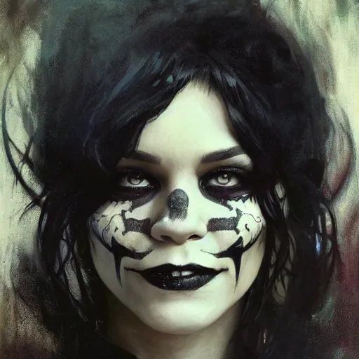 Image similar to beautiful portrait of vanessa hudgens as death from sandman, smiling, by cedric peyravernay, alphonse mucha, by jeremy mann, by lecouffe deharme, goth chic, soft lightning, eyeliner, punk rock, high detailed, 8 k