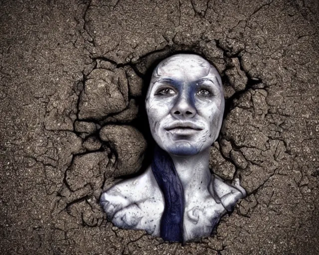 Image similar to a realistic human head coming out of the ground, surreal, water art manipulation