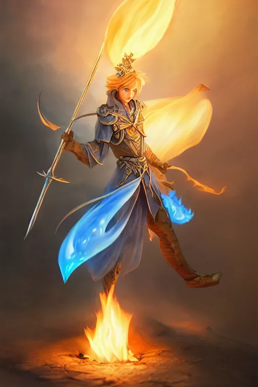 Image similar to legendary fairy prince hold flame staff, blue energy, highly detailed, d & d, fantasy, highly detailed, digital painting, trending on artstation, concept art, sharp focus, illustration, global illumination, ray tracing, realistic shaded, art by artgerm and greg rutkowski and fuji choko and viktoria gavrilenko and hoang lap