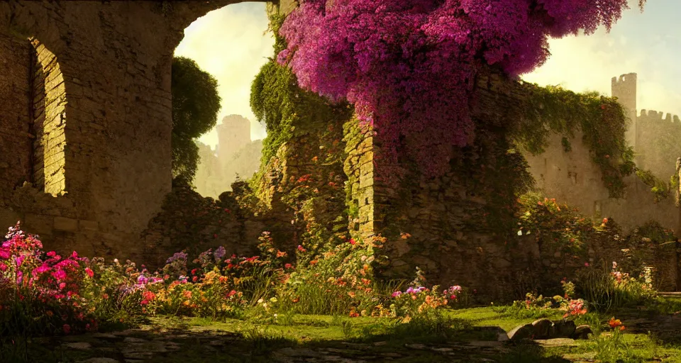 Image similar to castle ruins with colorful flowers and trees by lawrence alma - tadema ; dramatic lighting, sunshine rays, deep colors, colorful, beautiful, cel - shaded, amazing depth ; octane render, trending in artstation, behance hd, unreal engine, photography, hyperdetailed